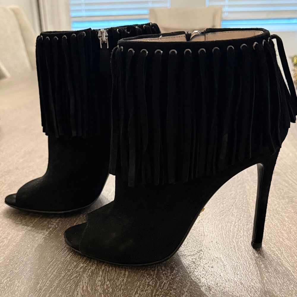 Prada Black Fringe Peep-Toe Heels